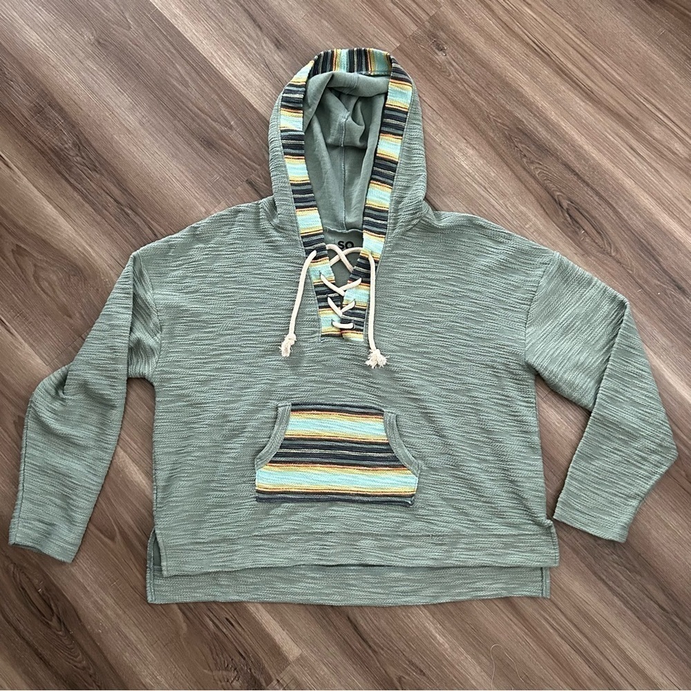 SO Southwestern Sage Green Front Tie Pop On Hood Sweater Women Sz Large